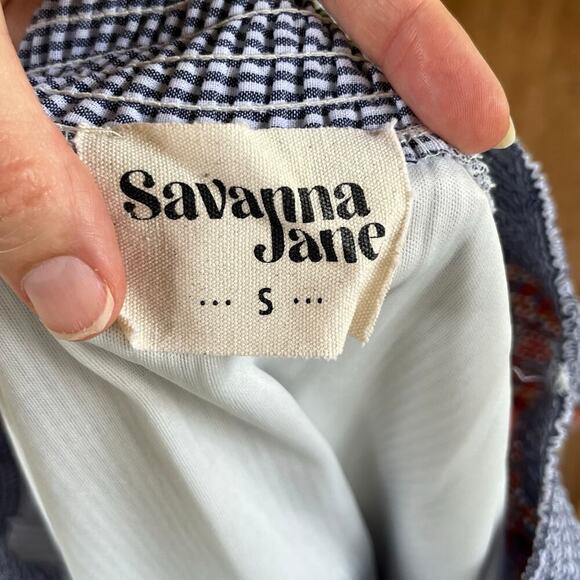 Savanna Jane Women's Blue Striped Embroidered Trim Mini Dress Size S - Picture 6 of 7